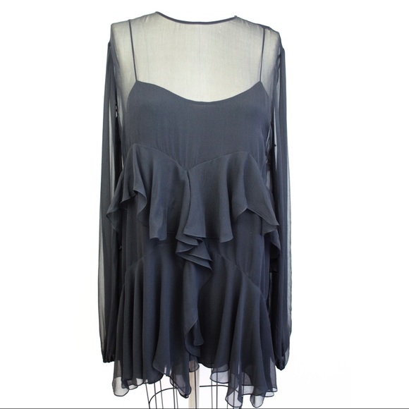 YVES SAINT LAURENT Silk Ruffle Black Dress 46 14 - Picture 3 of 8